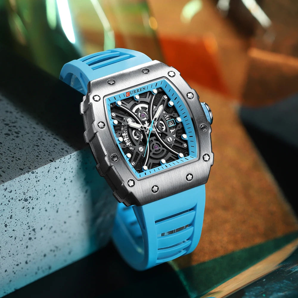 Men Quartz Watches CURREN 3D Stainless Steel Watches Waterproof Silicone Strap Wristwatch