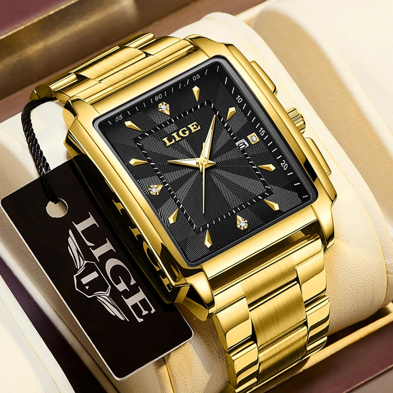 LIGE Men Square Gold Watch Top Brand Luxury Quartz Watches Stainless Steel Waterproof Wristwatch Relogio Masculino