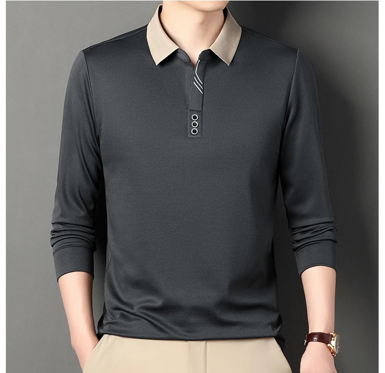 Men's Polo T-Shirt Casual Waffle Long Sleeve T-shirt Spring Autumn Elastic Lapel Base Shirt Top Brand Male Clothes