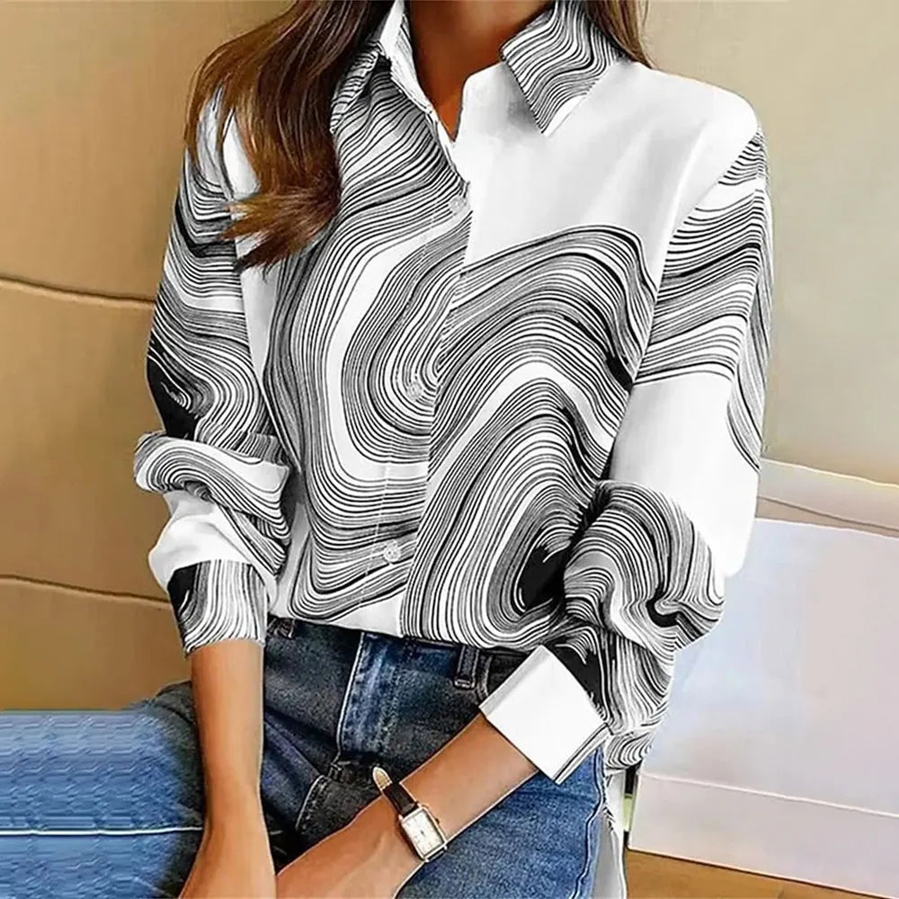 Women's Long Sleeve Shirt 3D Flower Printed Button Long Sleeve Tops Women's Blouse For Office Lady Clothing