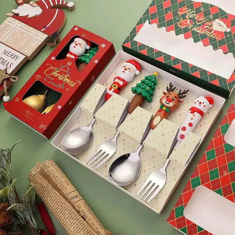 Christmas cutlery set with creative cartoon doll handles, including stainless steel dessert spoons and forks.