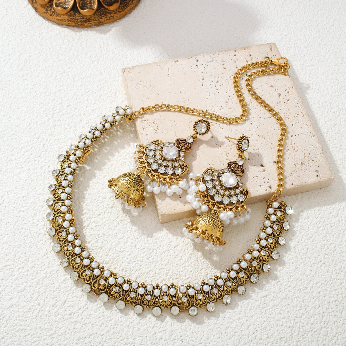 Bronze Pearl Beads Crystal Pendant Earrings Necklace Sets Bijoux Ethnic Rhinestone Bridle Jewelry Sets