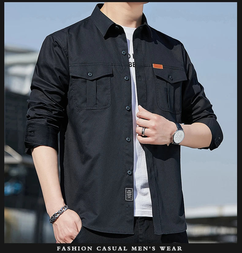 Men's Shirt Cotton New Cargo Style Long Sleeve Outdoor Casual High Quality Clothing