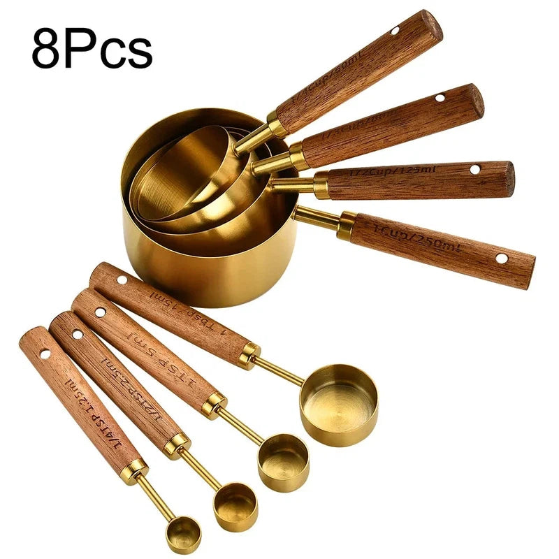 8-piece stainless steel measuring cups and spoons set with wooden handles, ideal for baking and bartending.