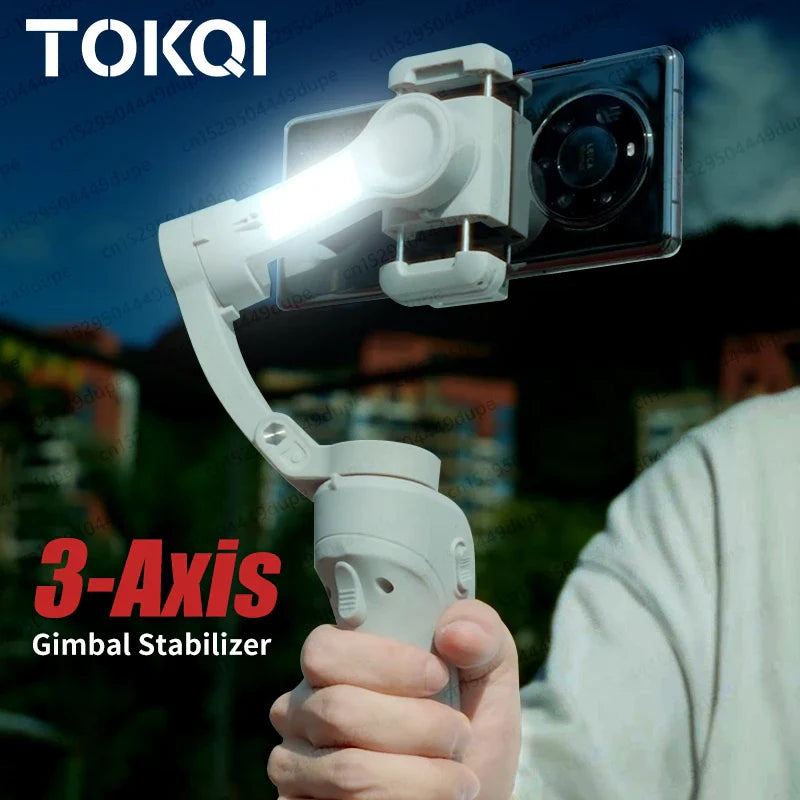 3-axis gimbal stabilizer with fill light for smartphones, handheld and foldable, ideal for vloggers.