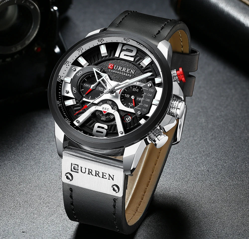 Men's Watches CURREN Casual Sport Leather Wrist Watch Fashion Chronograph