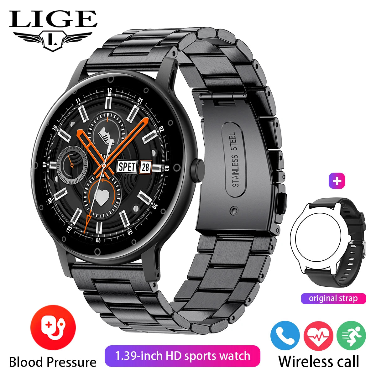 LIGE Smart Watch Men Outdoor Bluetooth Call Sports Fitness Watches Health Monitor Waterproof For Android IOS Smartwatch