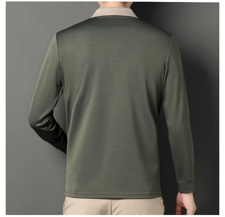 Men's Polo T-Shirt Casual Waffle Long Sleeve T-shirt Spring Autumn Elastic Lapel Base Shirt Top Brand Male Clothes