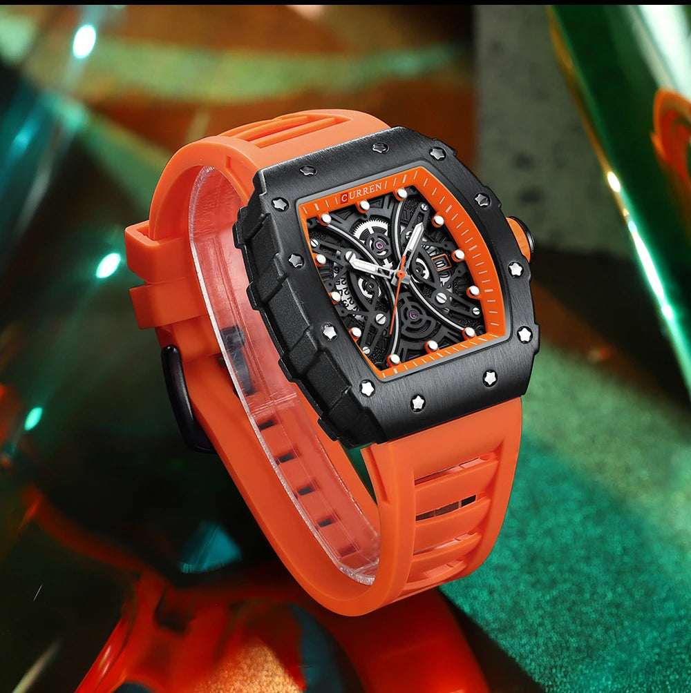 Men Quartz Watches CURREN 3D Stainless Steel Watches Waterproof Silicone Strap Wristwatch