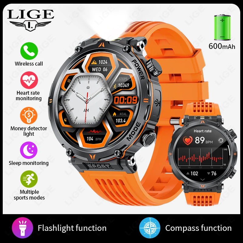 Smart Watch, LIGE New 600mah Battery LED Flashlight Compass Military Sport Watches Bluetooth Call Waterproof