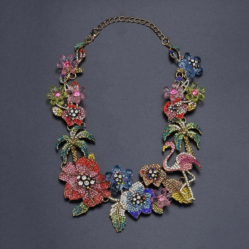 Necklace Colorful Crystal Rhinestone Flower Flamingo Necklace Choker Necklace