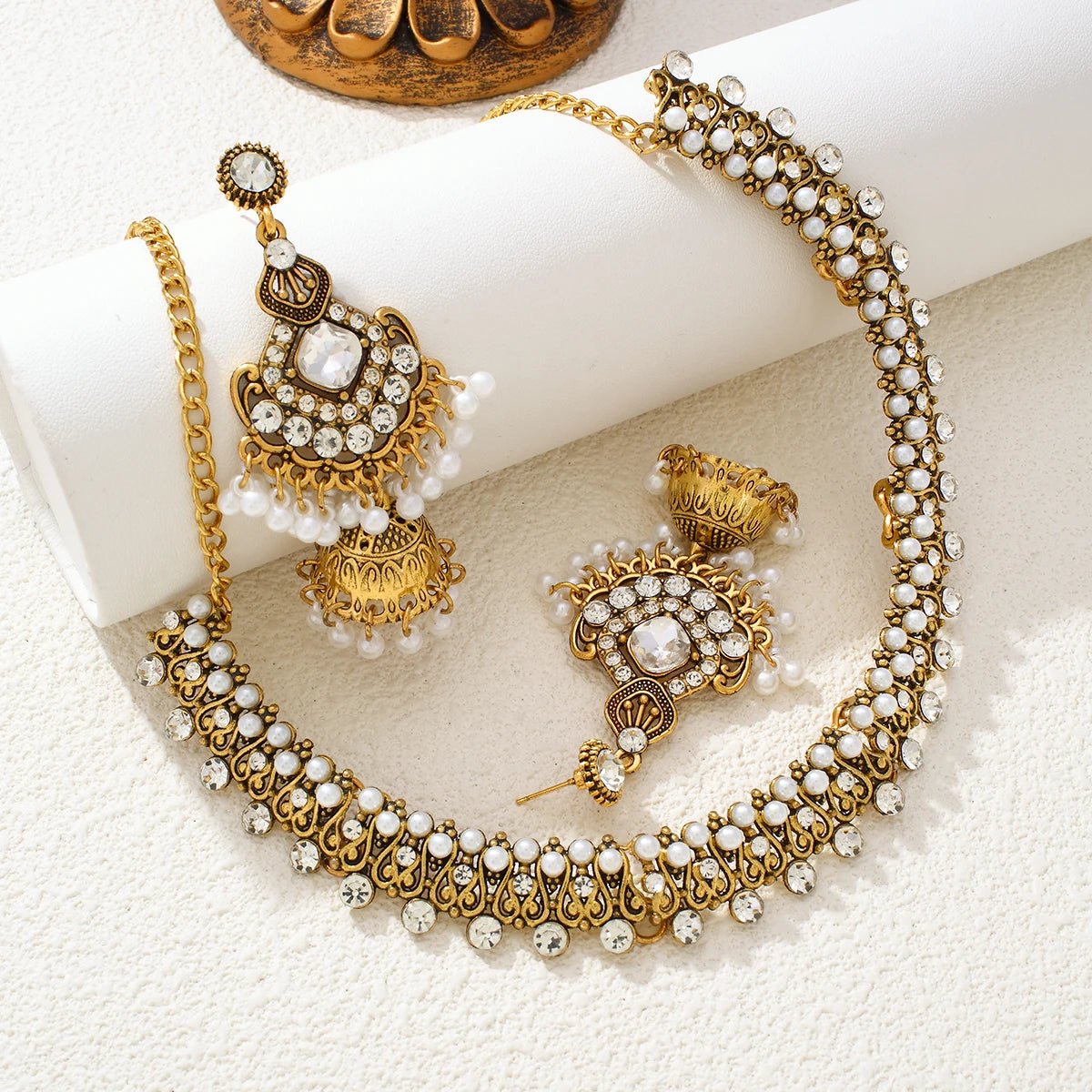 Bronze Pearl Beads Crystal Pendant Earrings Necklace Sets Bijoux Ethnic Rhinestone Bridle Jewelry Sets
