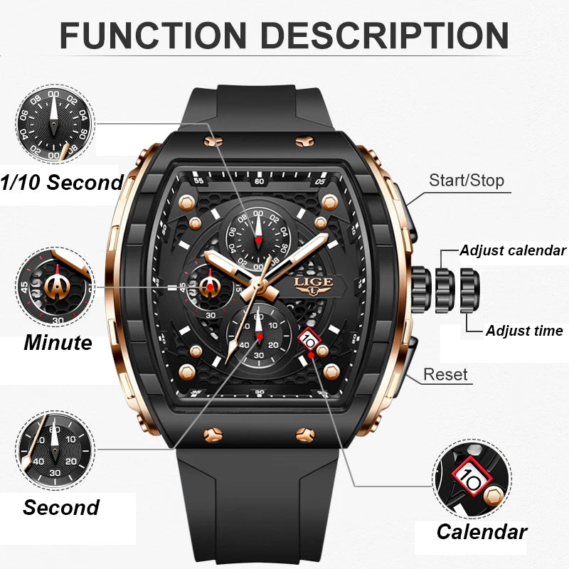 LIGE Top Brand Luxury Men's Watches Fashion Square Waterproof Men's Quartz Wristwatches Military Sports