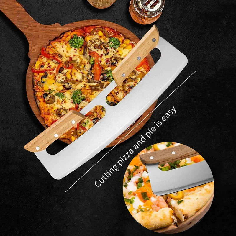 14 inch stainless steel pizza cutter with wooden handles, rocker blade knife, and protective cover for slicing pizza easily.