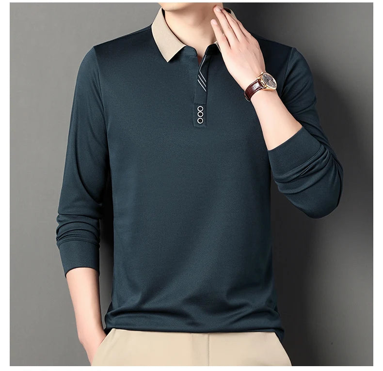 Men's Polo T-Shirt Casual Waffle Long Sleeve T-shirt Spring Autumn Elastic Lapel Base Shirt Top Brand Male Clothes