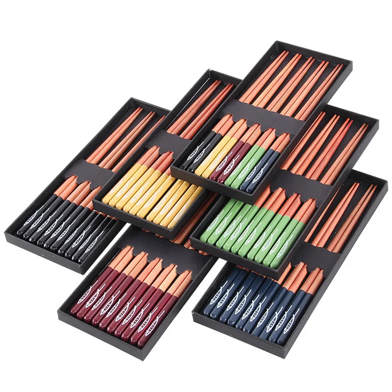 5 pair wooden chopsticks set in gift box, multi-color, non-slip tableware from JANKNG.