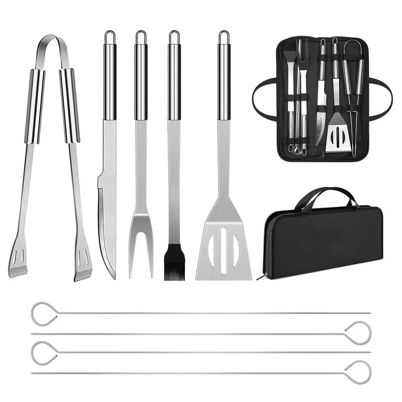 Stainless steel barbecue accessory kit with 9 tools, ideal for outdoor picnics, featuring a durable set with zipped carrying bag.