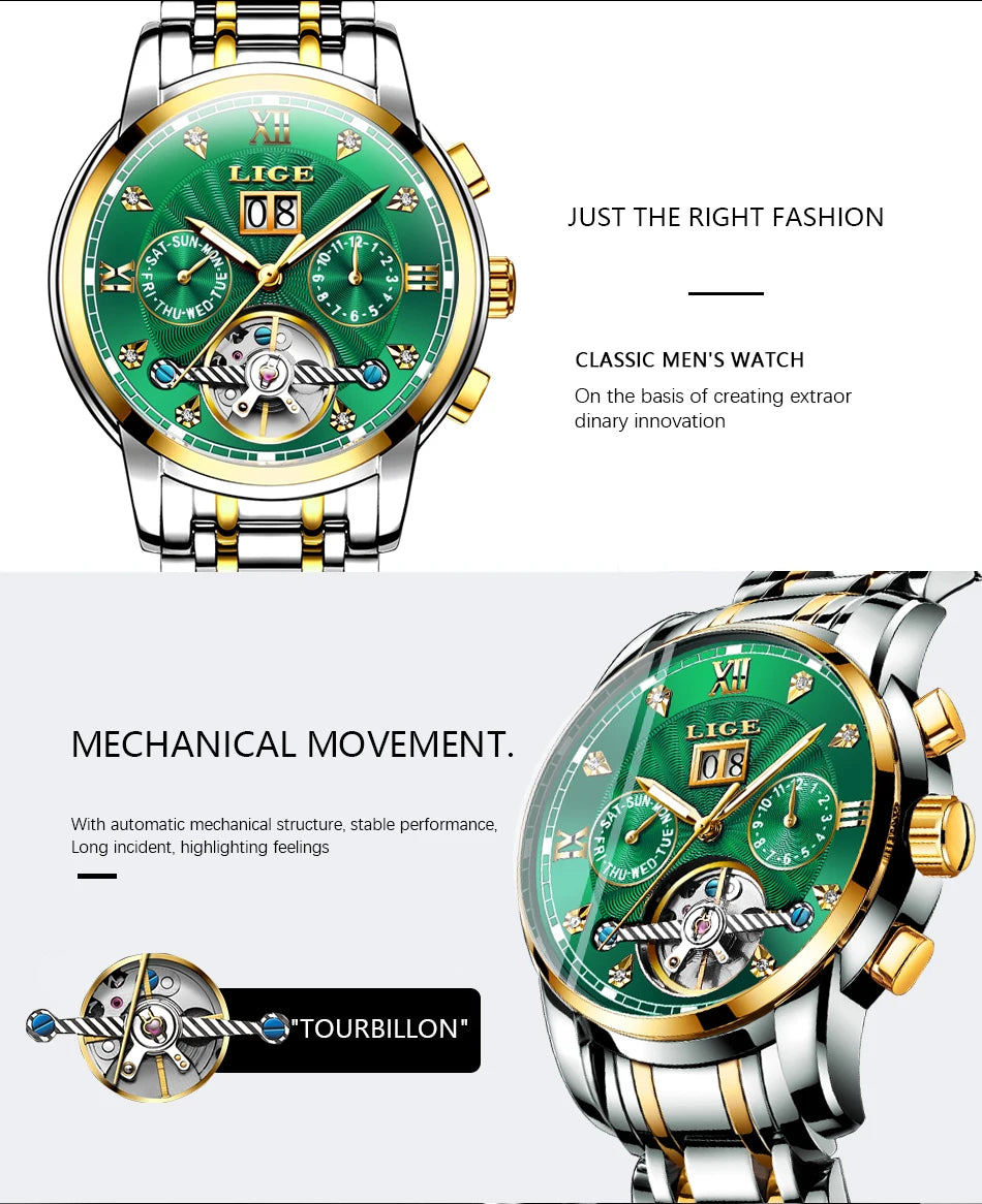 LIGE Luxury Tourbillon Watch for Men Sport Men's Mechanical Wristwatches Casual Waterproof Automatic Watch