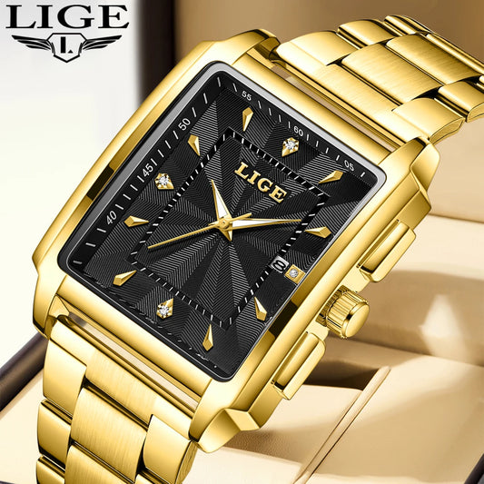 LIGE Men Square Gold Watch Top Brand Luxury Quartz Watches Stainless Steel Waterproof Wristwatch Relogio Masculino