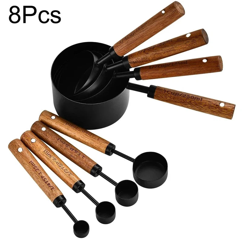 8-piece black measuring cups and spoons set, stainless steel with wooden handles, ideal for baking and bartending.