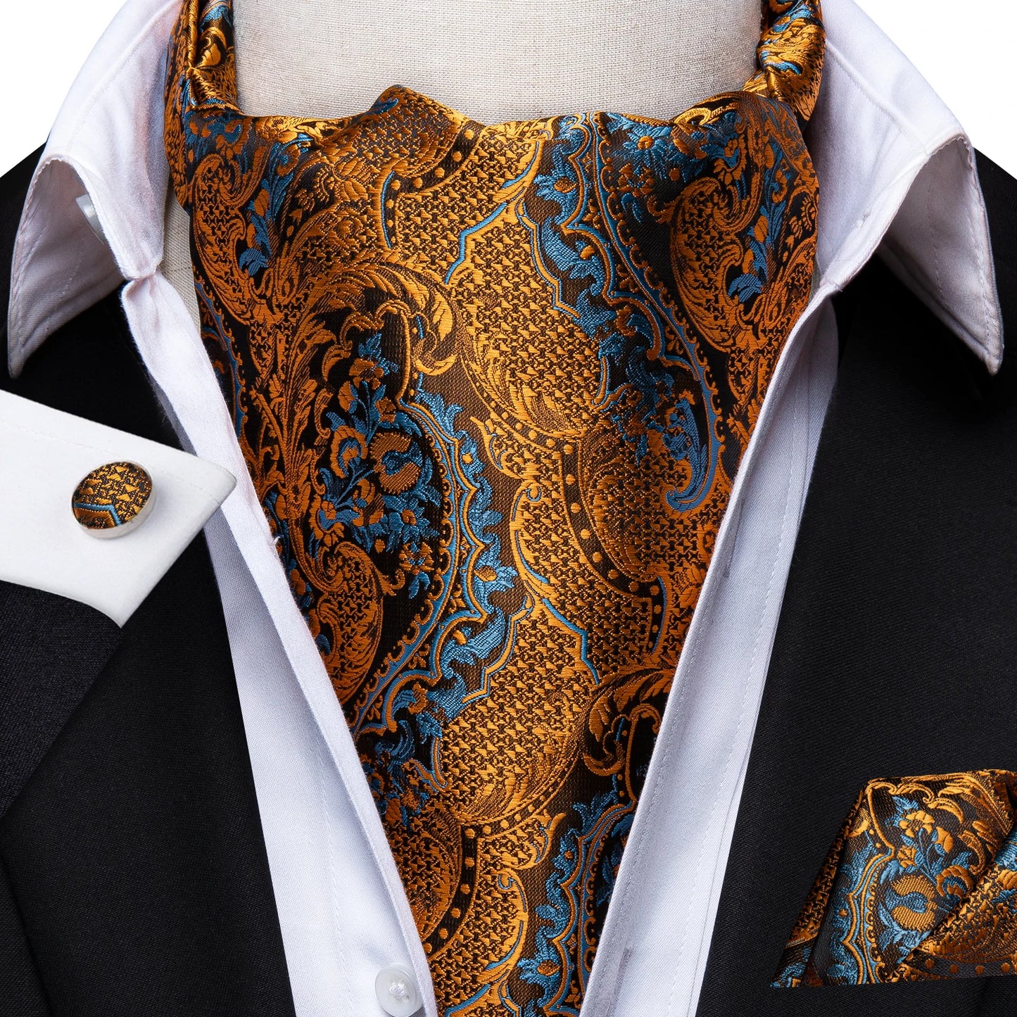 Men's Ascot Pocket Square Cufflinks Set Hi-Tie Silk Jacquard Floral Paisley Cravat Tie Male Formal Wedding Prom