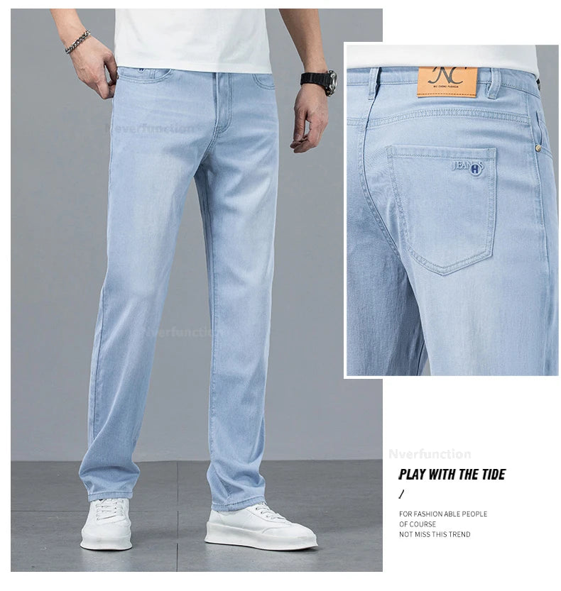 Men's Jean Pant Ultra-thin Light Blue Lyocell Fabric Breathable Loose Straight Business Casual Male Denim Trousers