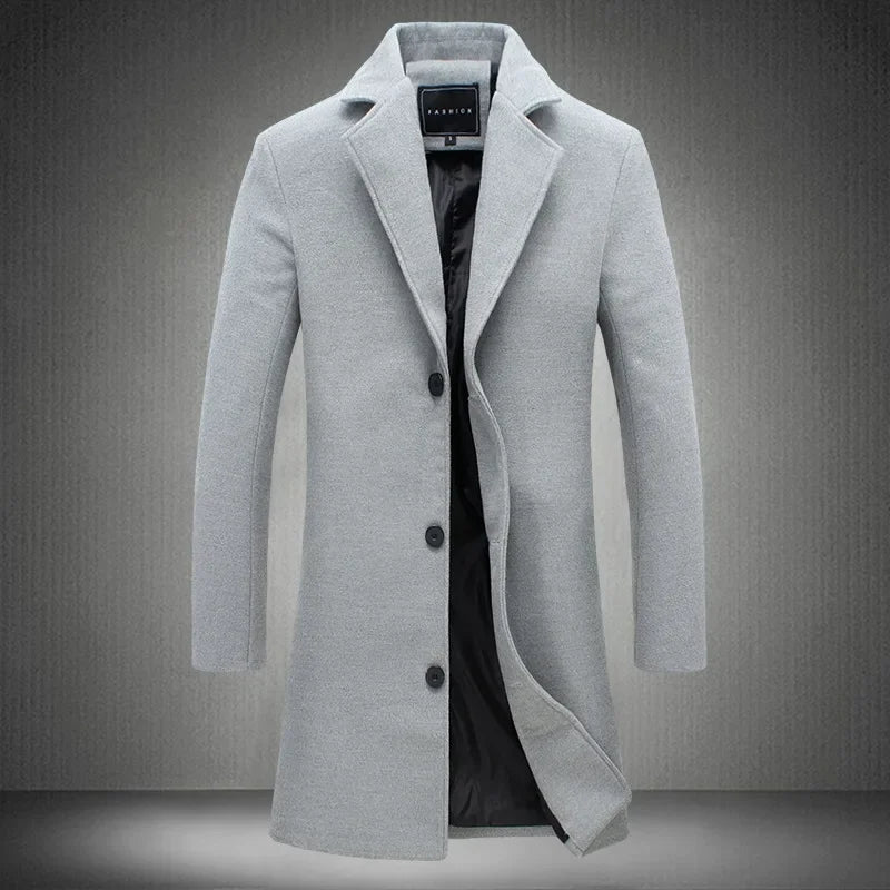 Long Cotton Coat New Wool Blend Jacket Spring Autumn Pure Color Casual Business Fashion Men's Clothing Slim Windbreaker