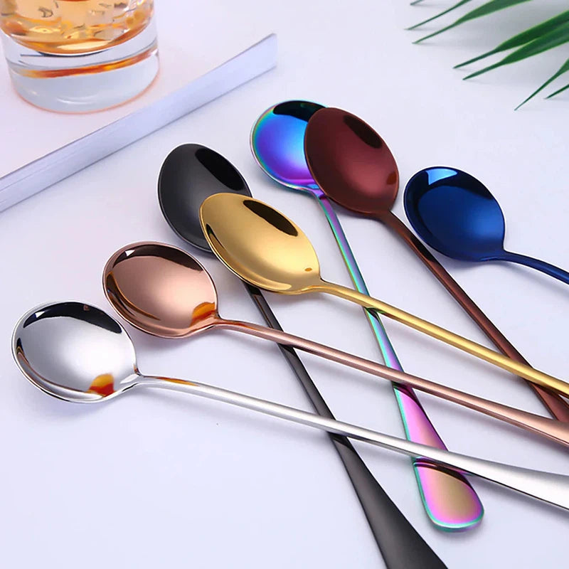 6-piece stainless steel cutlery set with long handle spoons in assorted colors.