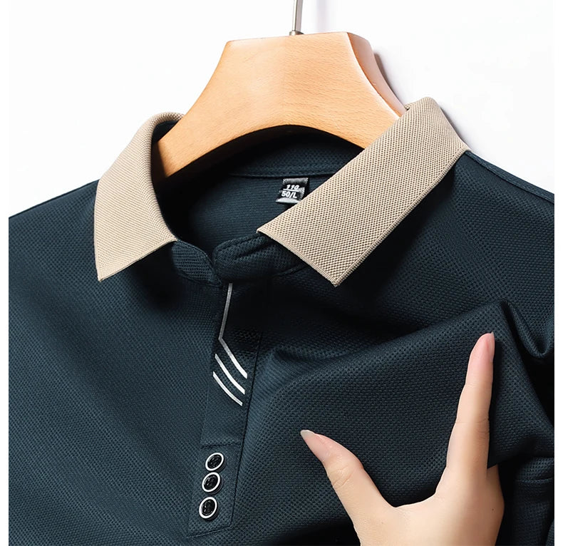 Men's Polo T-Shirt Casual Waffle Long Sleeve T-shirt Spring Autumn Elastic Lapel Base Shirt Top Brand Male Clothes