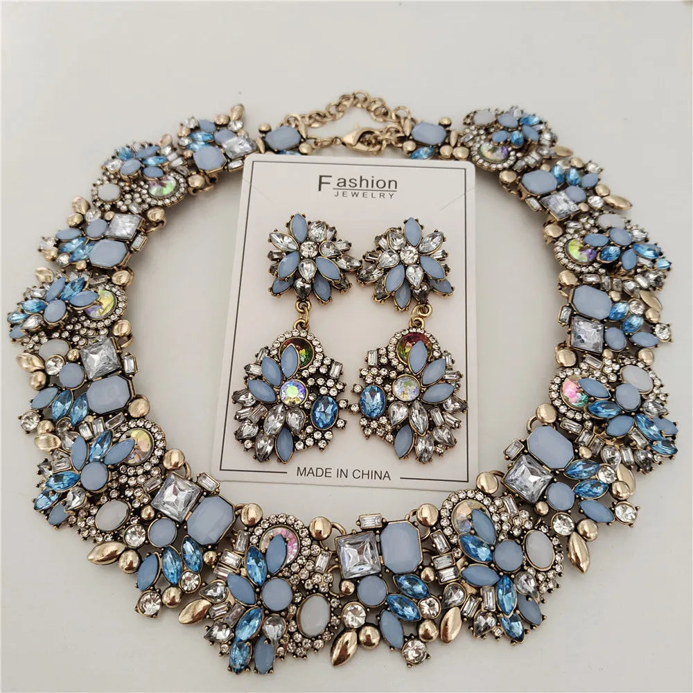 Crystal Rhinestones Necklace Earrings Bridal Jewelry Sets Big Choker Necklace