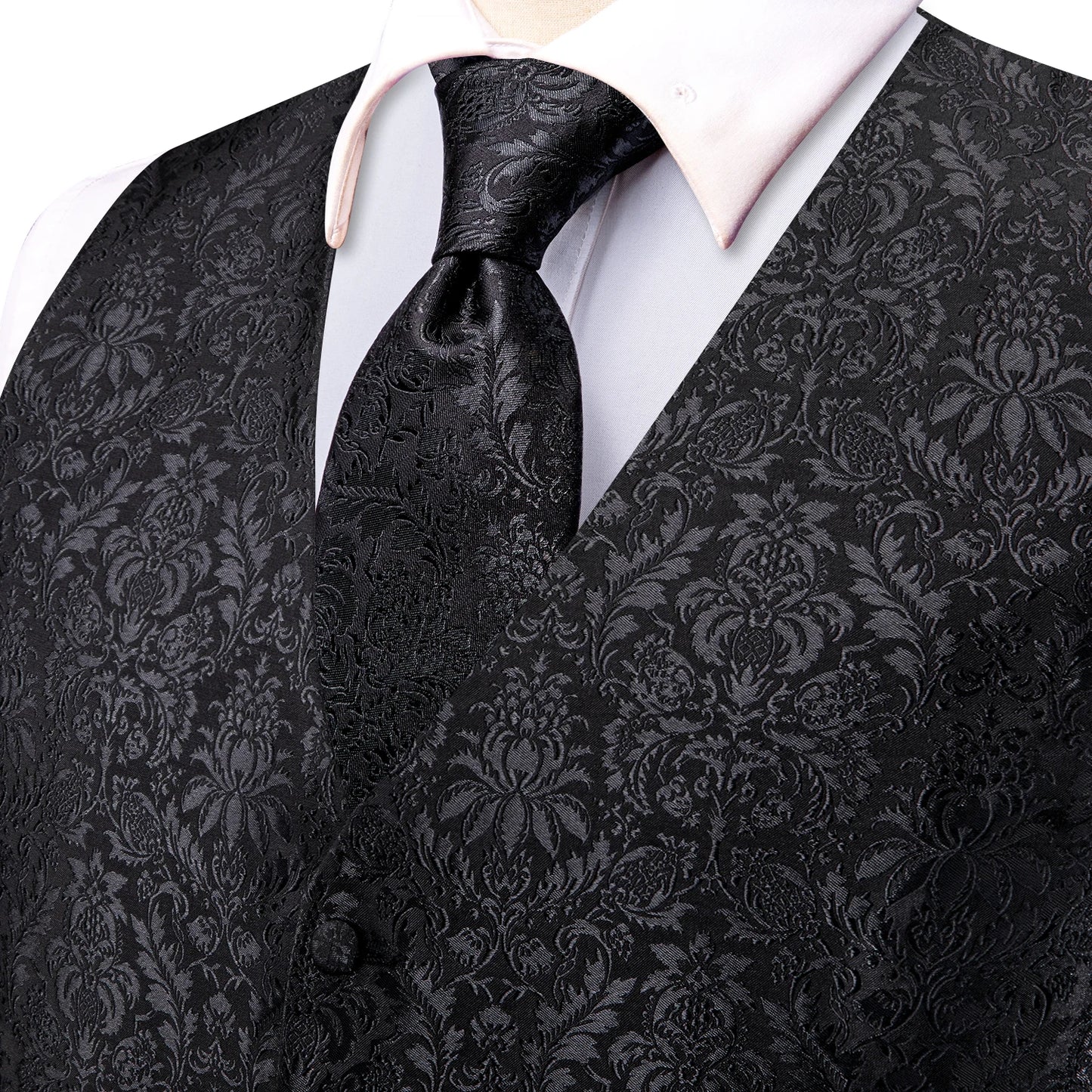 Men Suit Vests Hi-Tie Silk 4PC Woven Floral Black Waistcoat Tie Pocket Square Cufflink Business Wedding Dress Waist Jacket