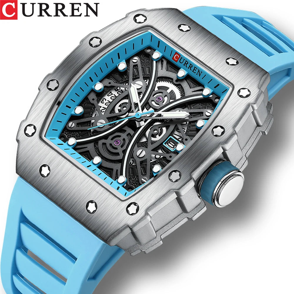 Men Quartz Watches CURREN 3D Stainless Steel Watches Waterproof Silicone Strap Wristwatch