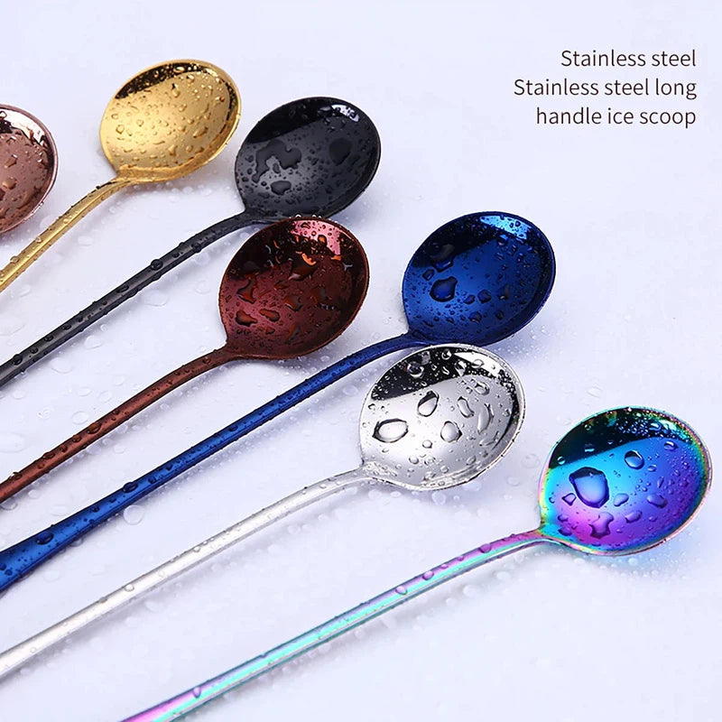 6Pcs stainless steel long handle coffee tea spoons set with colorful design, ideal for ice cream dessert.