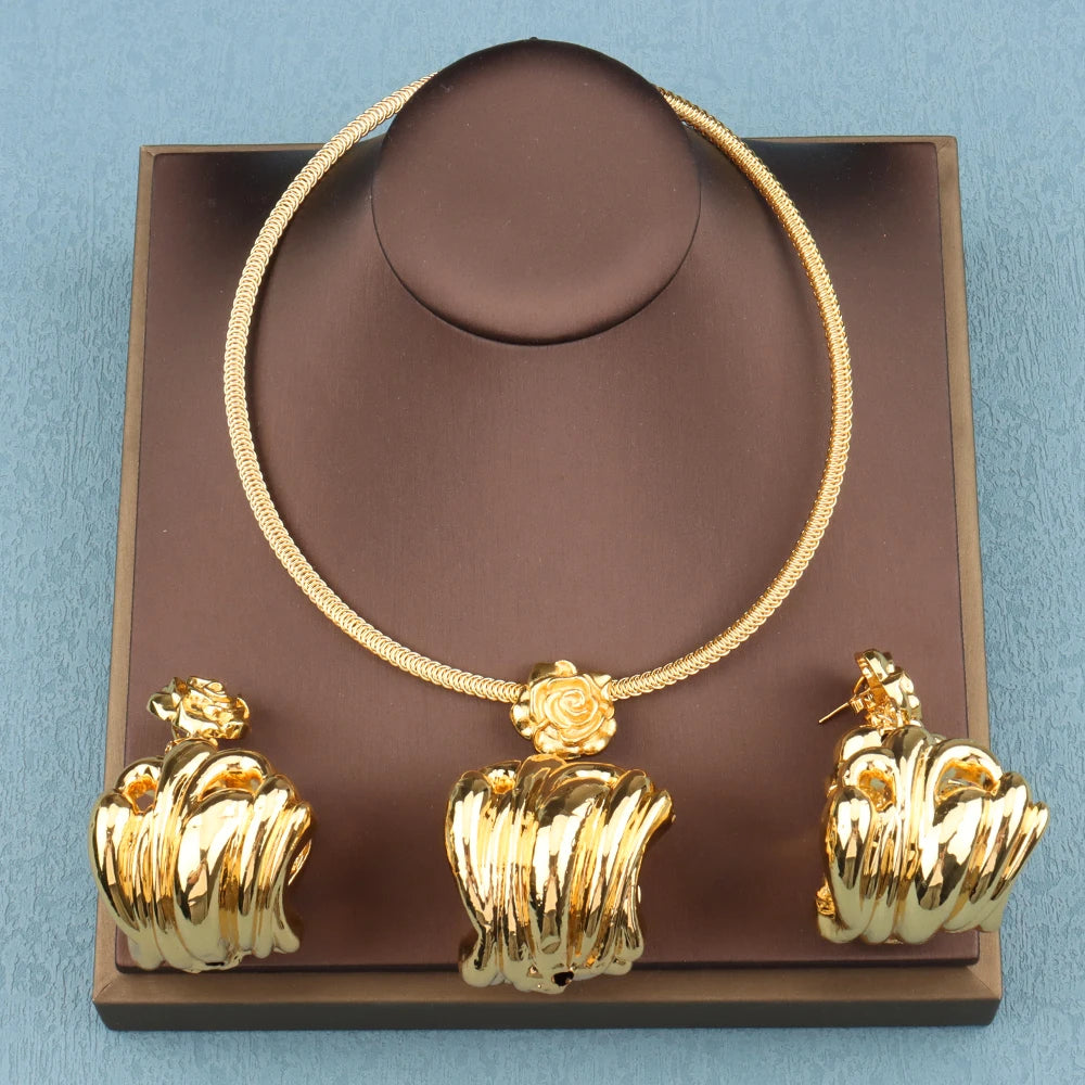 Golden or Silver Color Drop Earrings and Necklace Jewelry Set Pendant Jewelry Set