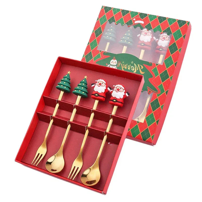 Christmas Gift Set of 2 or 4 or 6 Pieces Gold Spoon Fork Tree Decoration Fruit Fork and Coffee Spoon elk designs