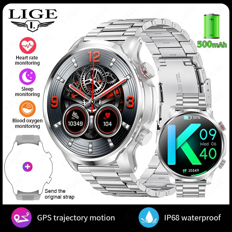 LIGE Smart Watch Large Screen Bluetooth Calling Health Monitoring 500mAh Large Battery AI Voice Men Smartwatch