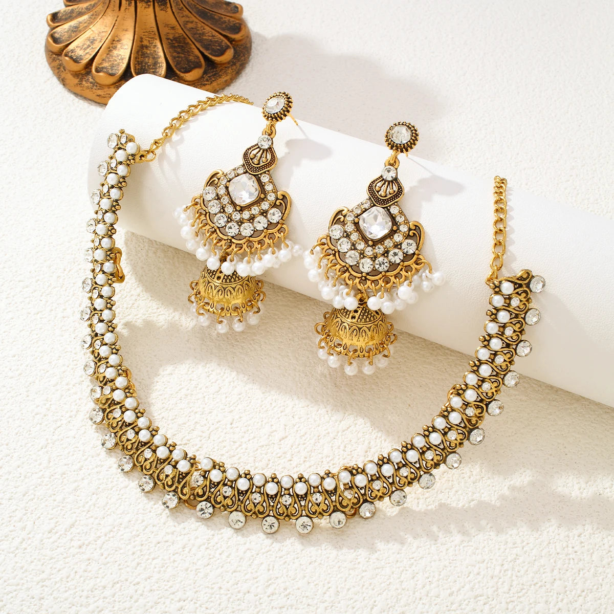 Bronze Pearl Beads Crystal Pendant Earrings Necklace Sets Bijoux Ethnic Rhinestone Bridle Jewelry Sets