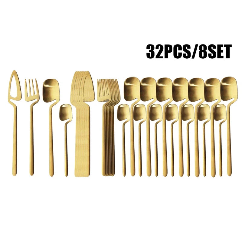 JANKNG 32-piece rose matte tableware set, 304 stainless steel dinner cutlery, ideal for kitchen, bar, or party.