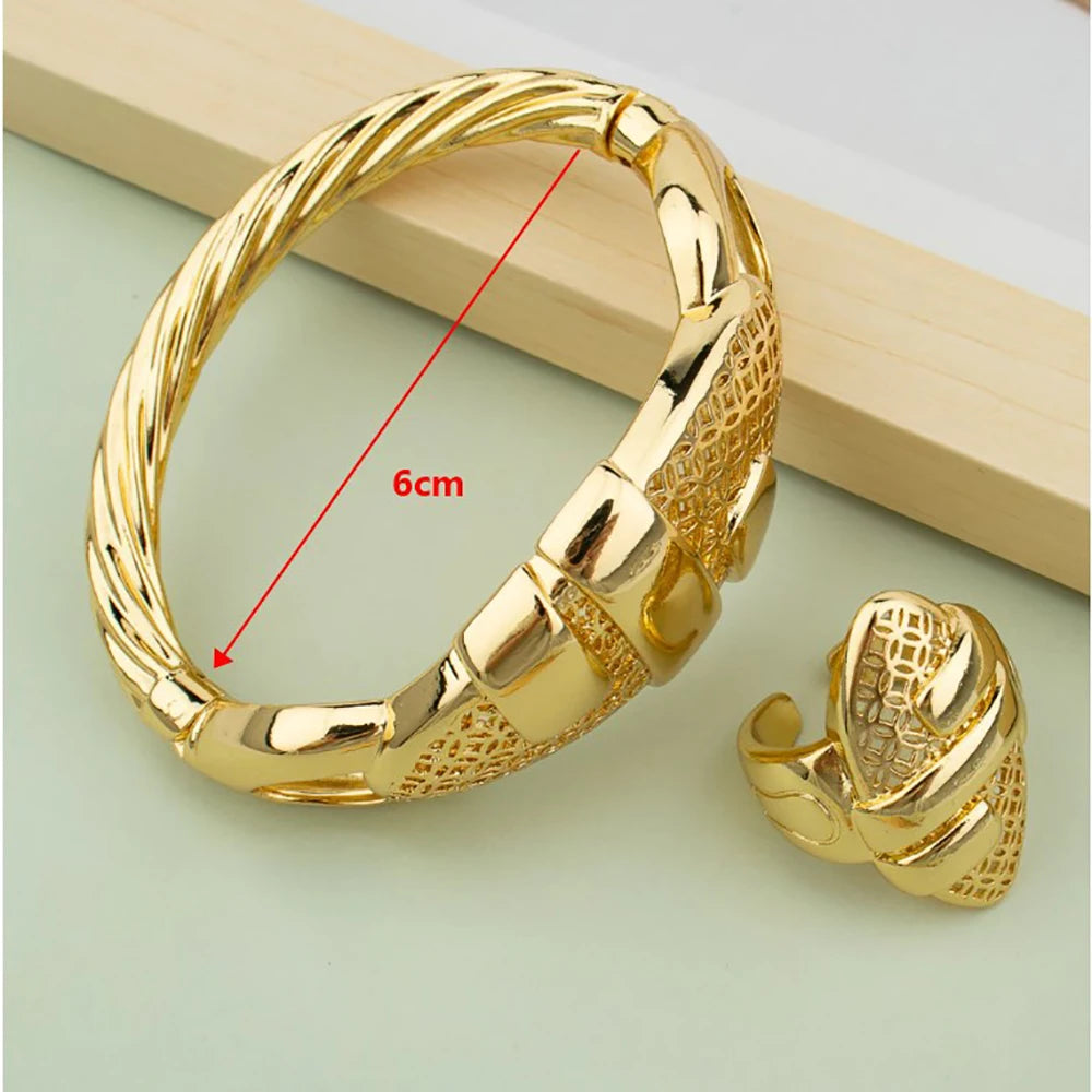 Gold Plated Cuff Bangle With Ring For Women Bracelet Jewelry Gift Hollow Out Design Bracelet