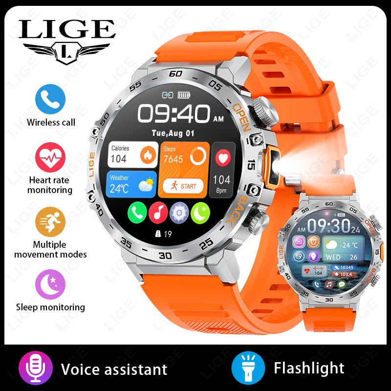 LIGE 2025 Smart Watch Men 360*360 AMOLED HD Screen Waterproof Sport Fitness Watches Flashlight