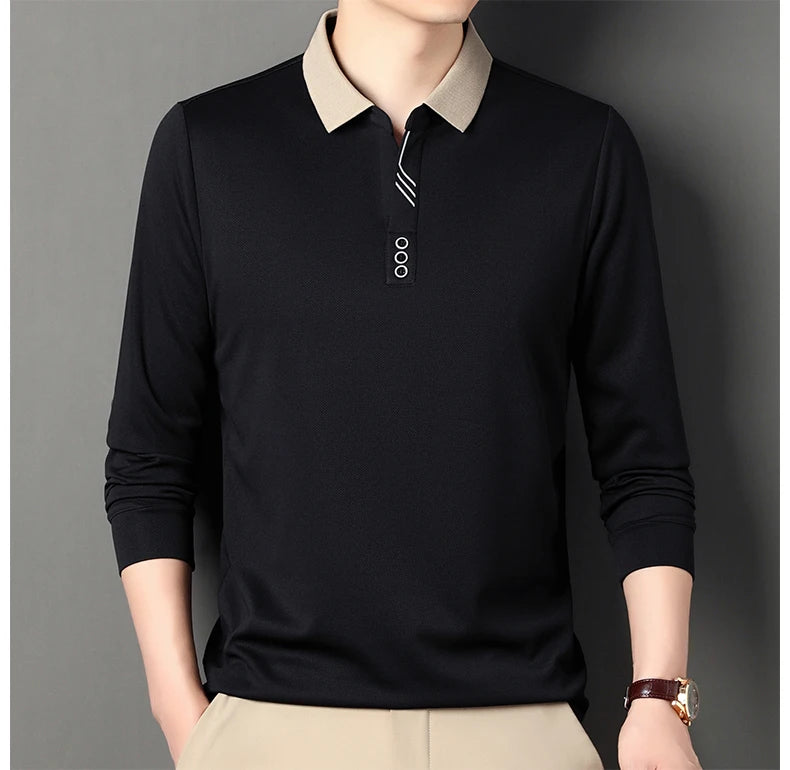 Men's Polo T-Shirt Casual Waffle Long Sleeve T-shirt Spring Autumn Elastic Lapel Base Shirt Top Brand Male Clothes