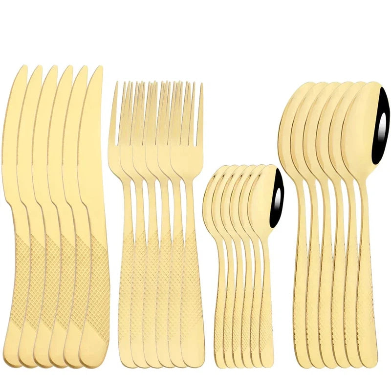 24-piece stainless steel dinnerware set with knives, forks, and spoons in a mirror finish, dishwasher safe.