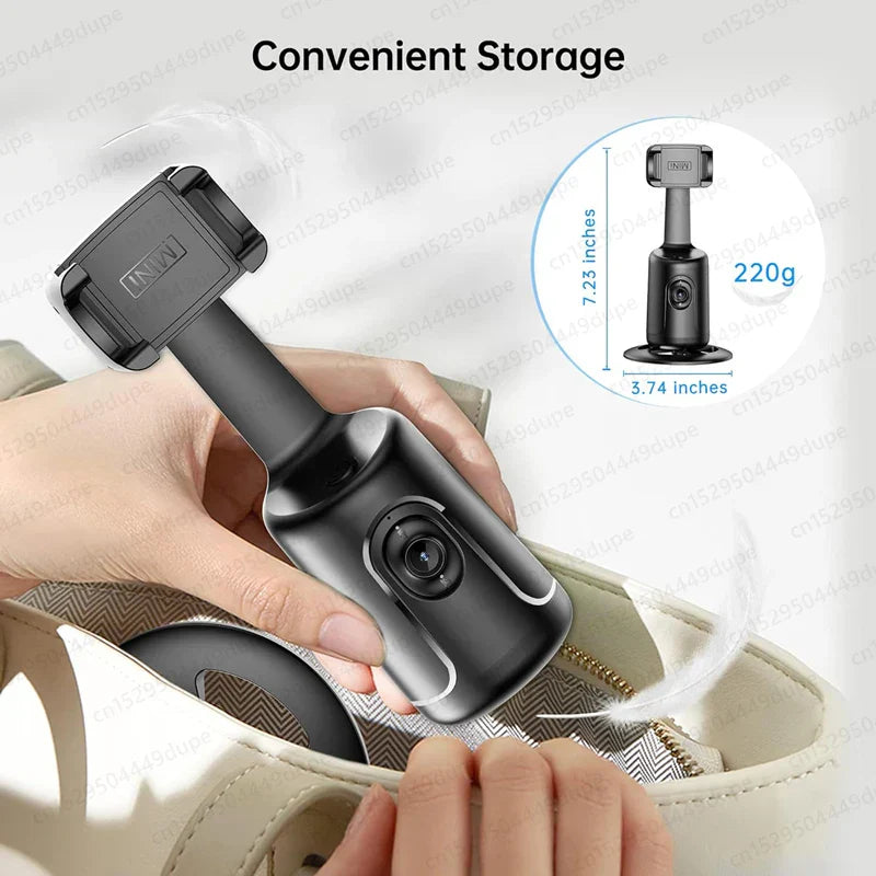 AI Tracking Gimbal 360 Rotation handheld stabilizer for smartphones with convenient storage.