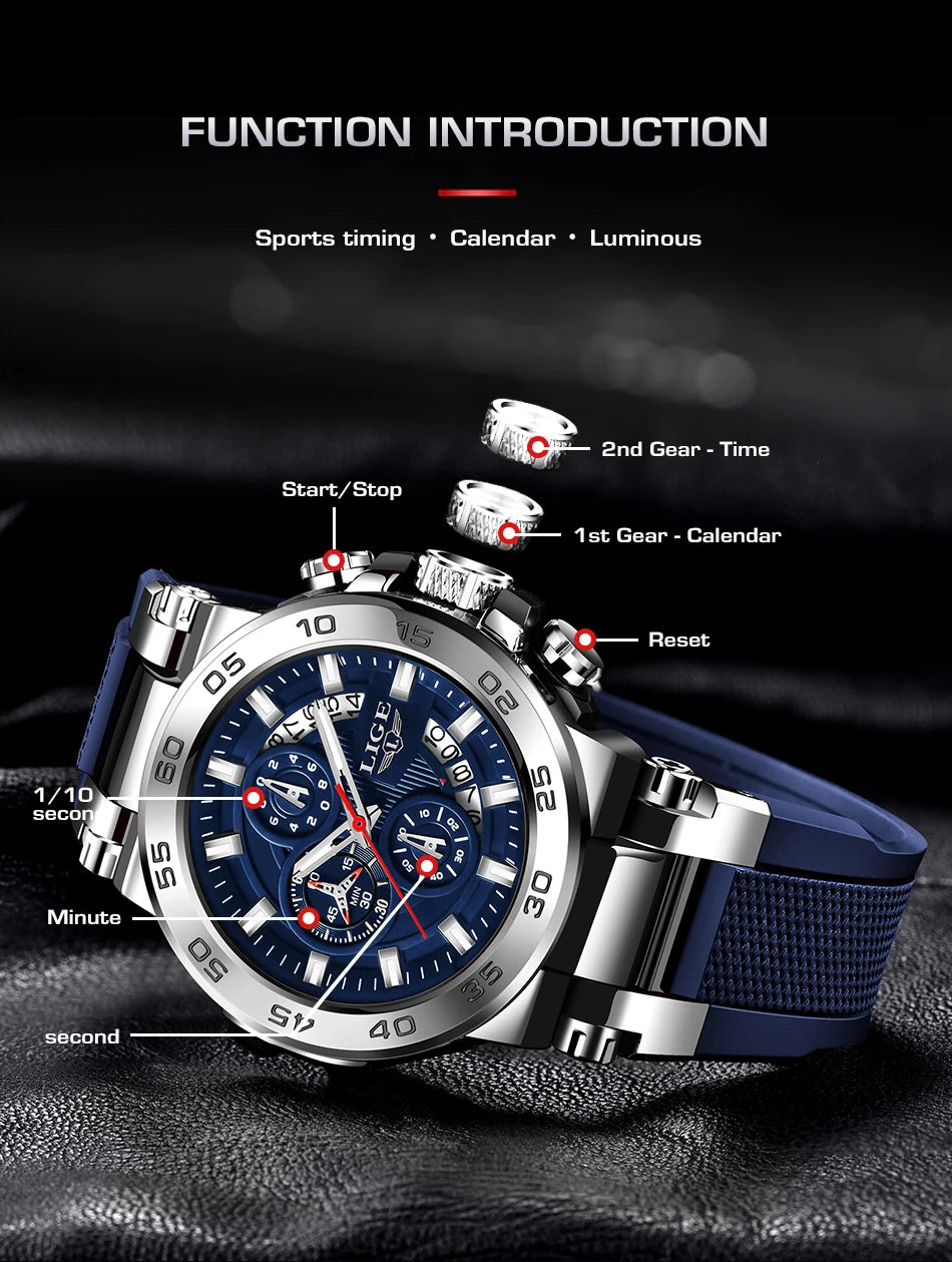 LIGE Men's Watches Top Luxury Brand Big Dial Waterproof Quartz Wristwatch Sport Chronograph Clock