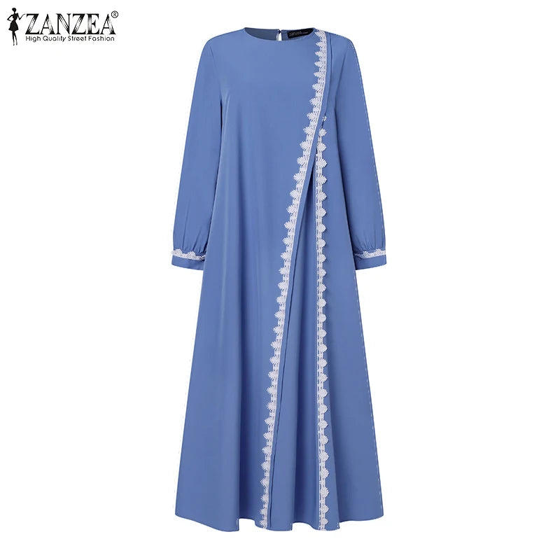 ZANZEA Spring Lace Crochet Maxi Dress Muslim Turkey Abaya Elegant Loose Vestidos Women Long Sleeve O Neck IsIamic Robe Kaftan