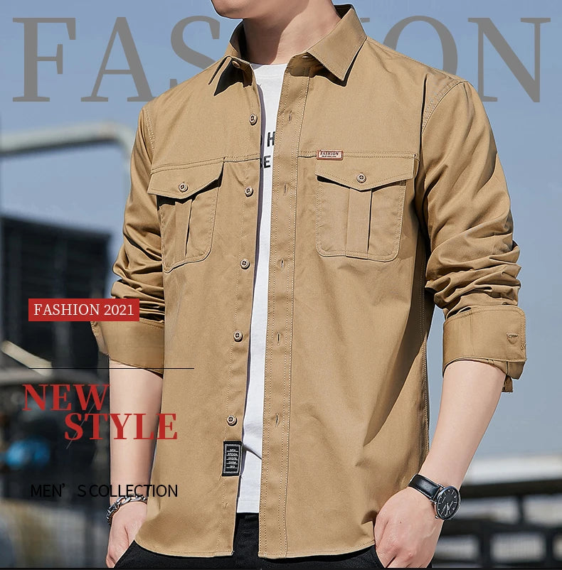 Men's Shirt Cotton New Cargo Style Long Sleeve Outdoor Casual High Quality Clothing