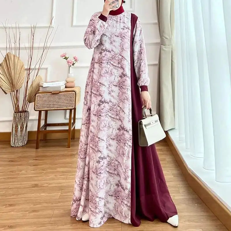 Women Spring Patchwork Maxi Dress ZANZEA Floral Printed Muslim Abaya Robe Femme Long Sleeve Dubai Sundress Islamic Clothing 2024