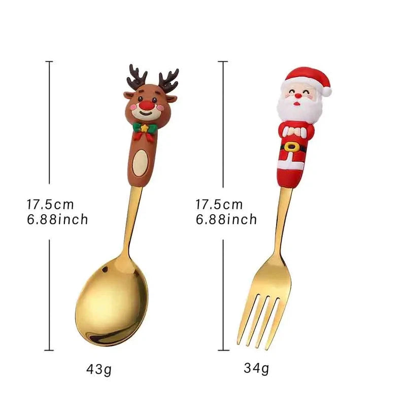 Christmas-themed cutlery set with reindeer and Santa designs, including a spoon and fork made of stainless steel.