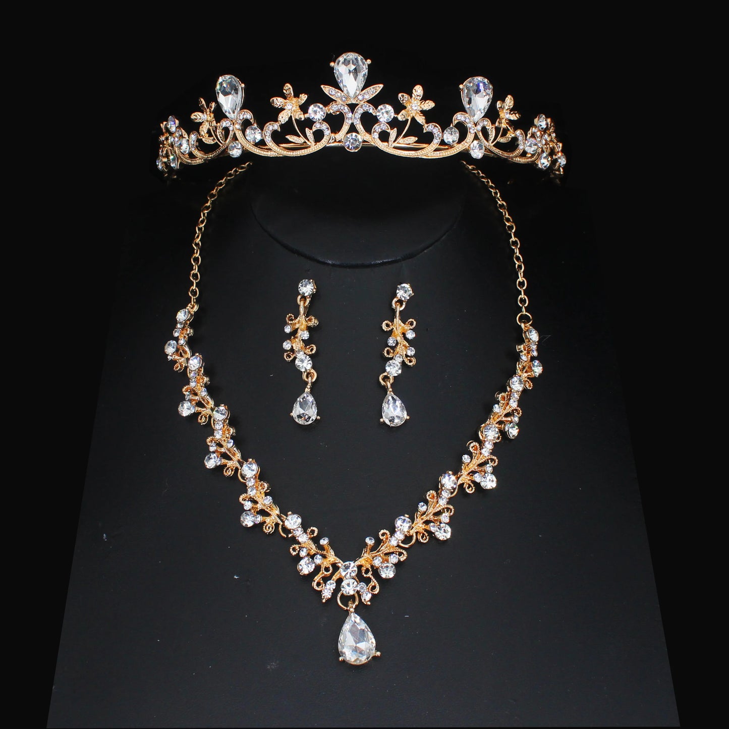 Crystal Wedding Bridal Jewelry Sets Women/Girl Gold Color Tiara/Crown Earrings Choker Necklace Bride Jewelry Set