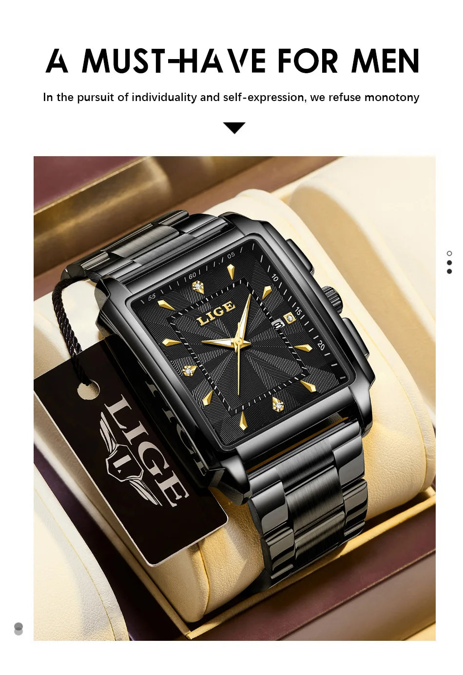 LIGE Men Square Gold Watch Top Brand Luxury Quartz Watches Stainless Steel Waterproof Wristwatch Relogio Masculino